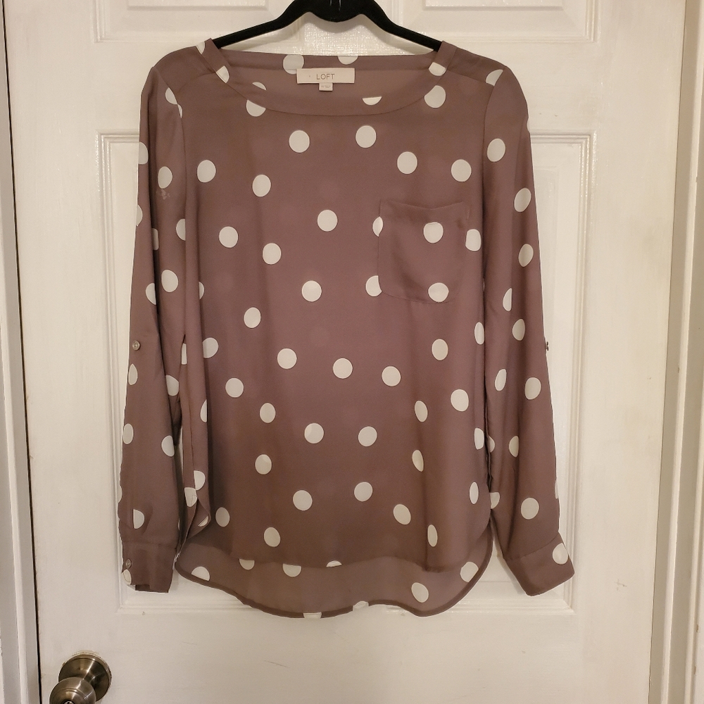 LOFT taupe polka-dot blouse with pocket.
